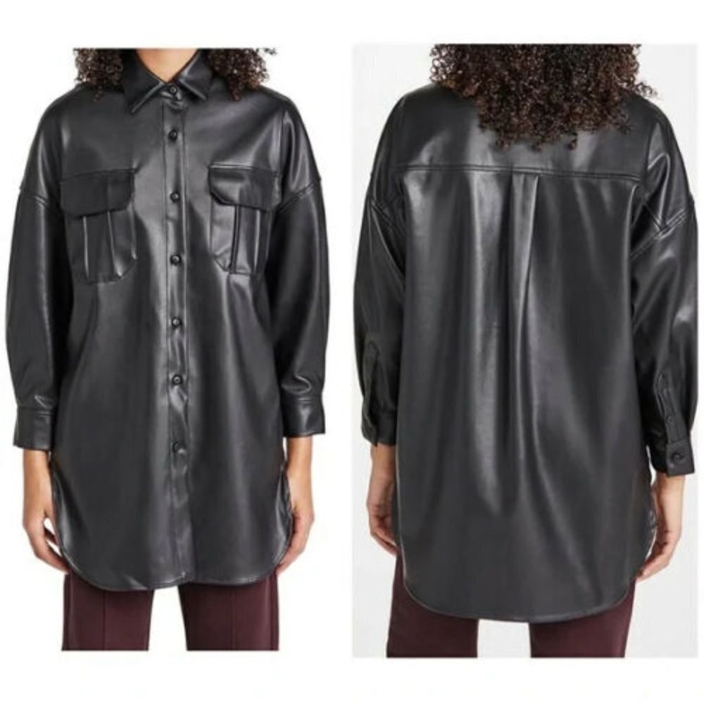BB Dakota‎ Womens Black Long Sleeve Oversized  Faux Leather Shirt Jacket XS - Picture 2 of 6